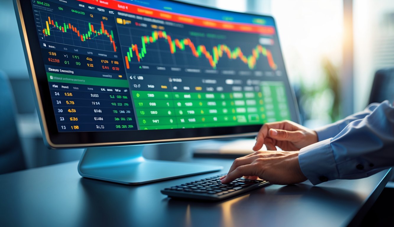Suasana modern dengan meja komputer dan monitor besar yang menampilkan grafik odds olahraga yang dinamis, seseorang sedang menggunakan layar sentuh untuk memilih taruhan.
