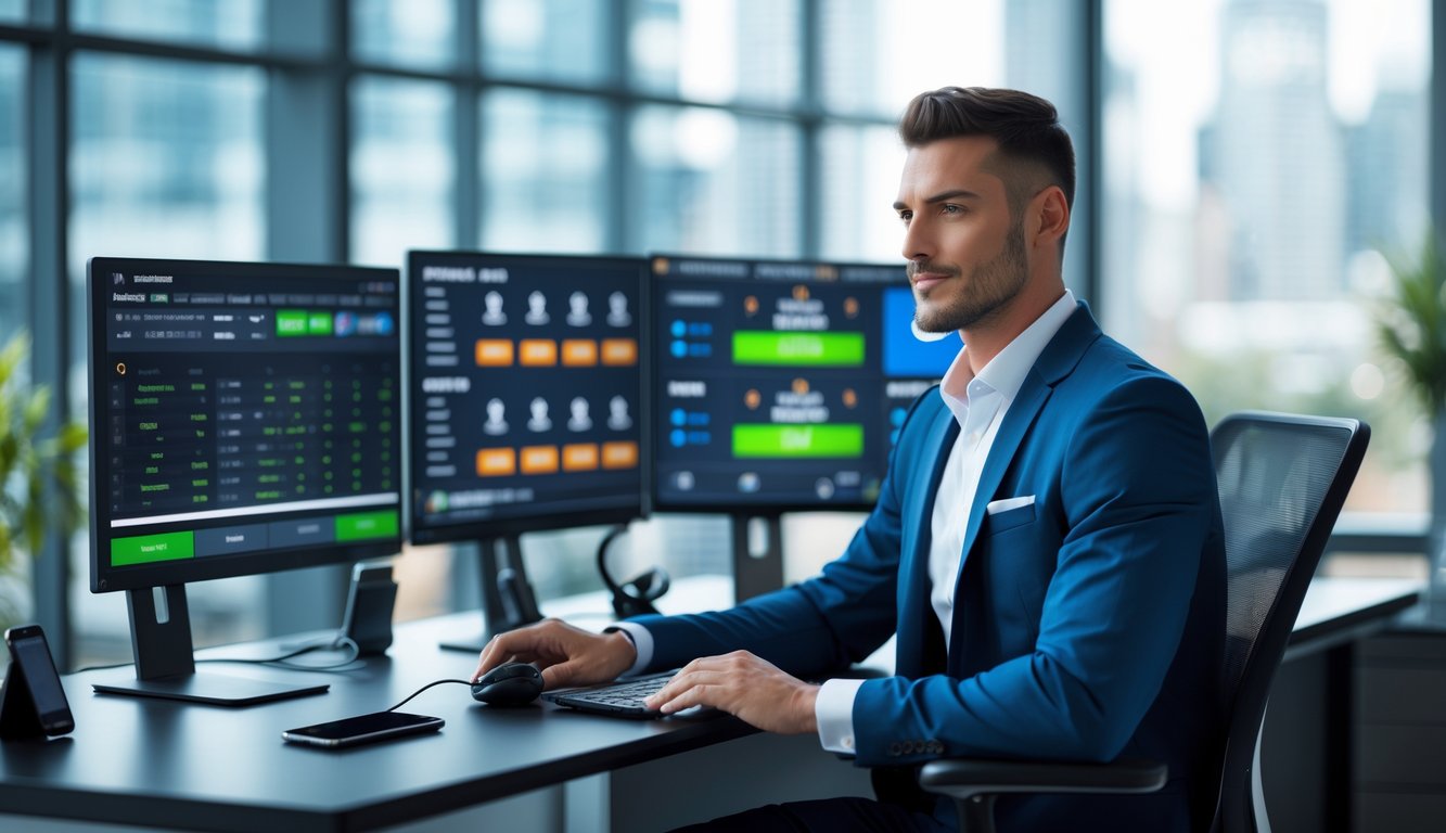 Seorang profesional duduk di meja kantor dengan beberapa monitor komputer yang menampilkan statistik olahraga dan informasi taruhan secara online.