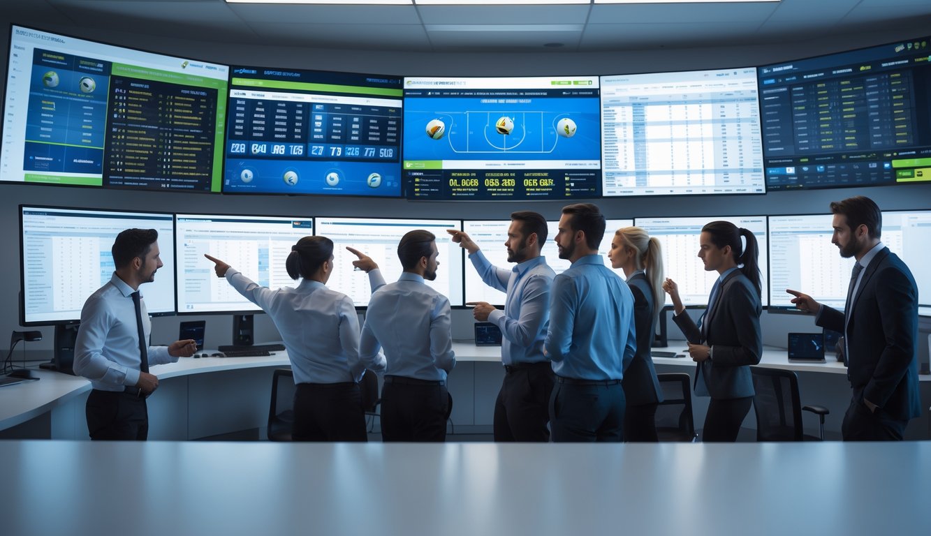 Sejumlah profesional sedang menganalisis data pertandingan sepak bola di ruang kerja modern dengan beberapa layar komputer besar.
