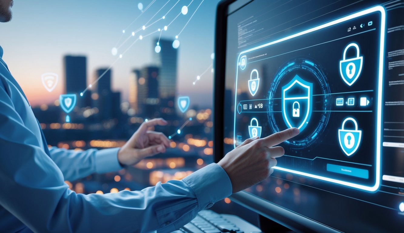 Seorang profesional IT sedang menggunakan panel sentuh transparan dengan ikon keamanan digital di latar belakang kota modern.