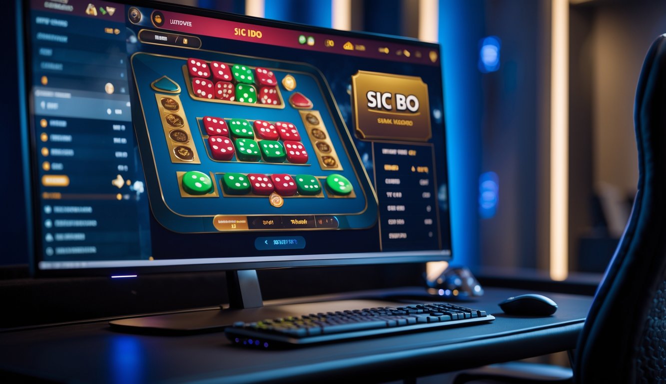 Sebuah meja permainan Sic Bo online dengan monitor menampilkan permainan dadu dan opsi taruhan dalam ruangan modern.