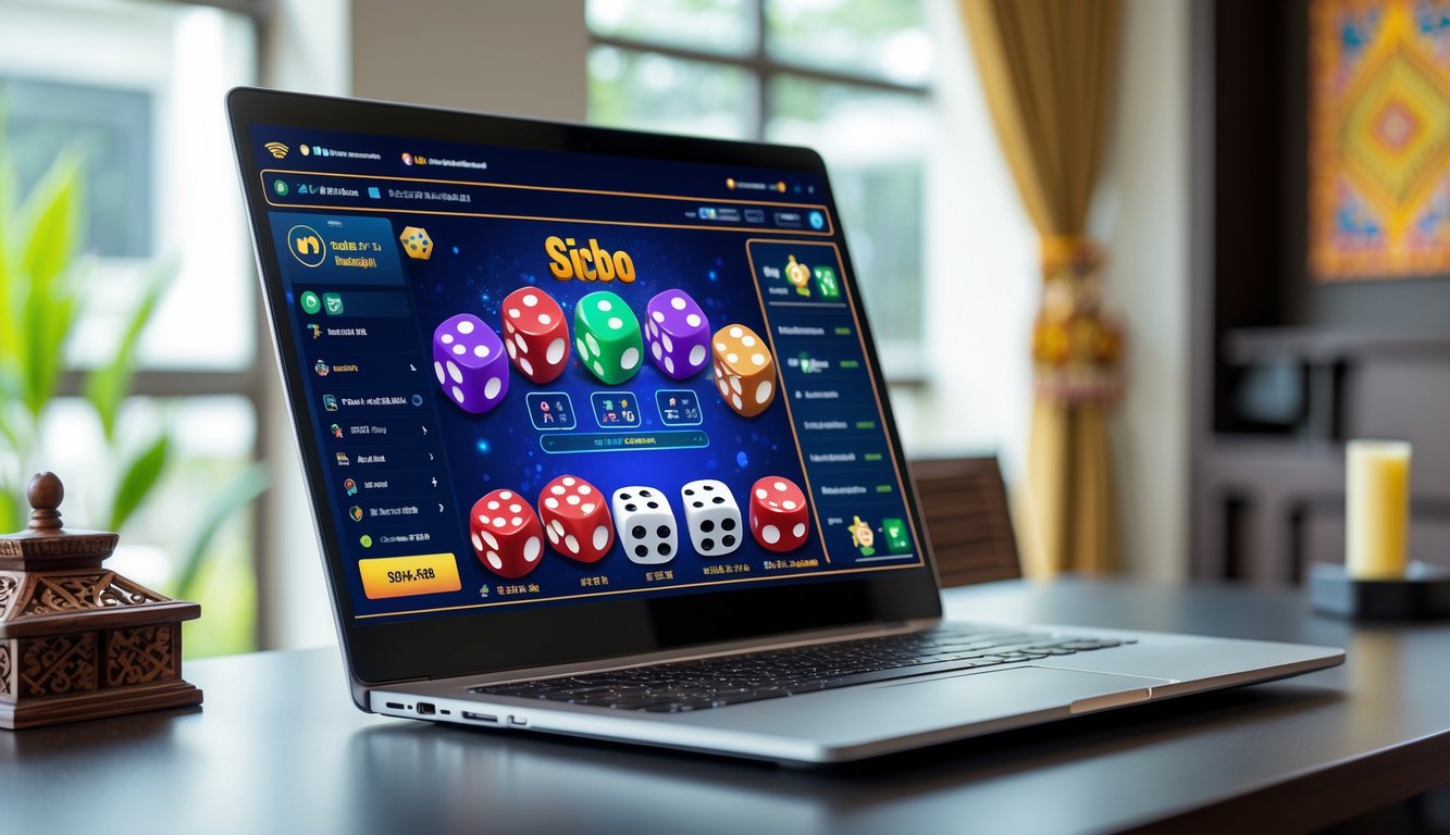 Seorang pengguna sedang bermain permainan Sicbo online di komputer dengan latar ruang kerja yang rapi dan dekorasi budaya Indonesia.