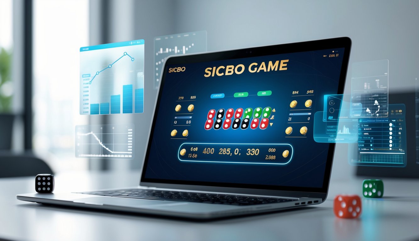 Seseorang menggunakan komputer dengan tampilan permainan Sicbo online dan grafik data di latar belakang.