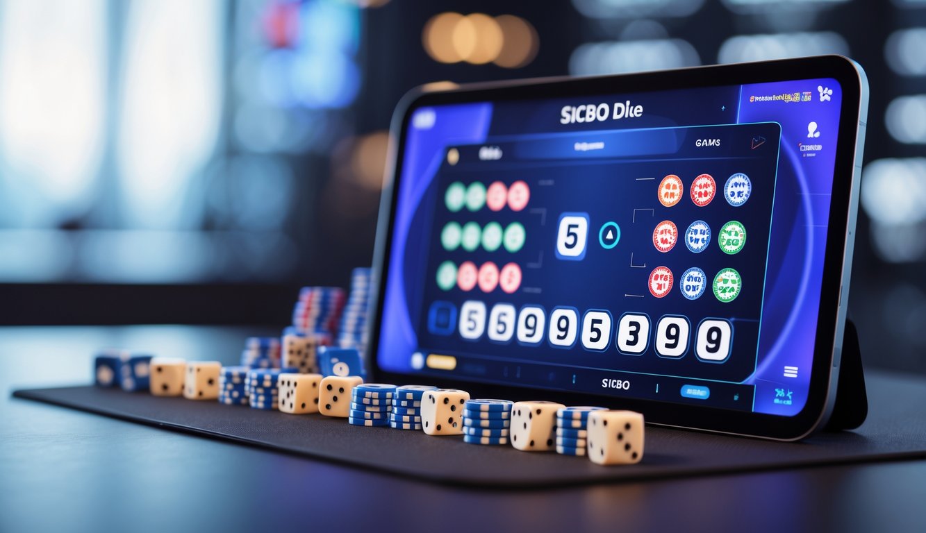 Meja streaming permainan Sicbo online dengan dadu dan chip taruhan terlihat jelas.