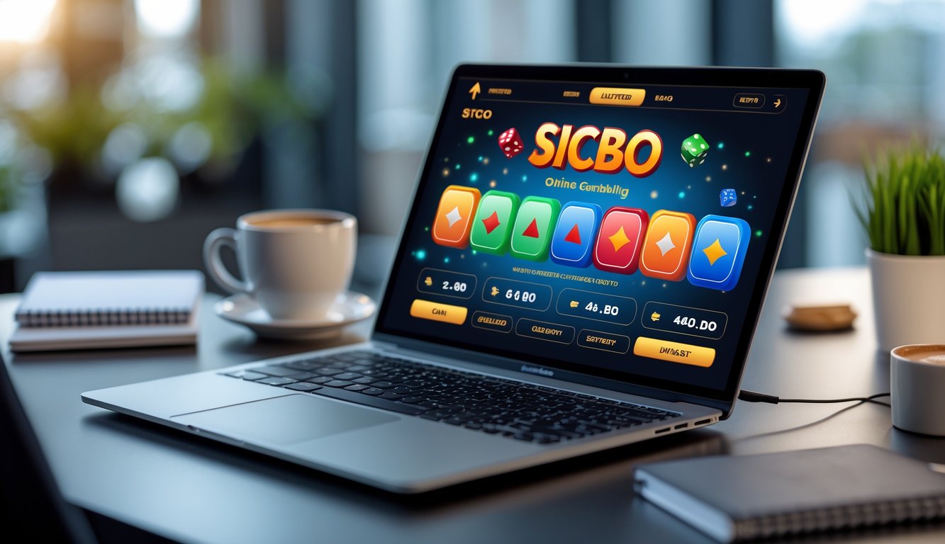 Seseorang menggunakan laptop dengan tampilan permainan Sicbo online di layar, di meja kerja yang rapi dengan catatan dan secangkir kopi.