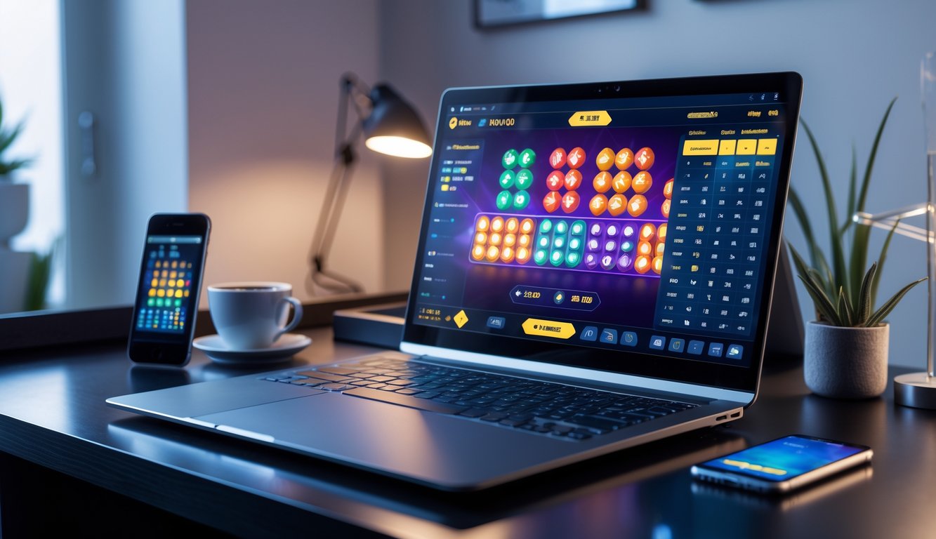 Sebuah meja dengan komputer yang menampilkan permainan Sicbo online dengan dadu berwarna-warni dan meja taruhan, di ruangan rumah yang rapi dan modern.