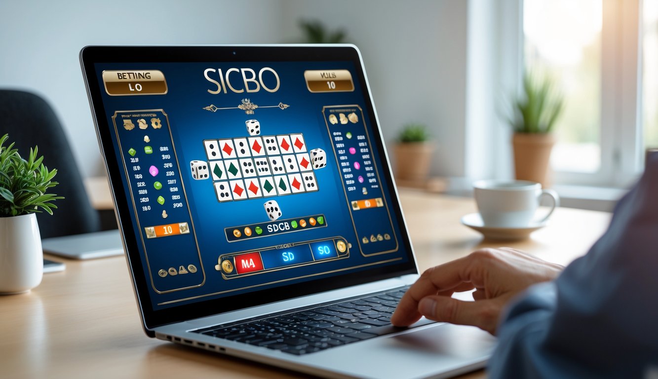 Seorang pengguna sedang bermain permainan Sicbo online di laptop di ruang kerja yang rapi dan terang.