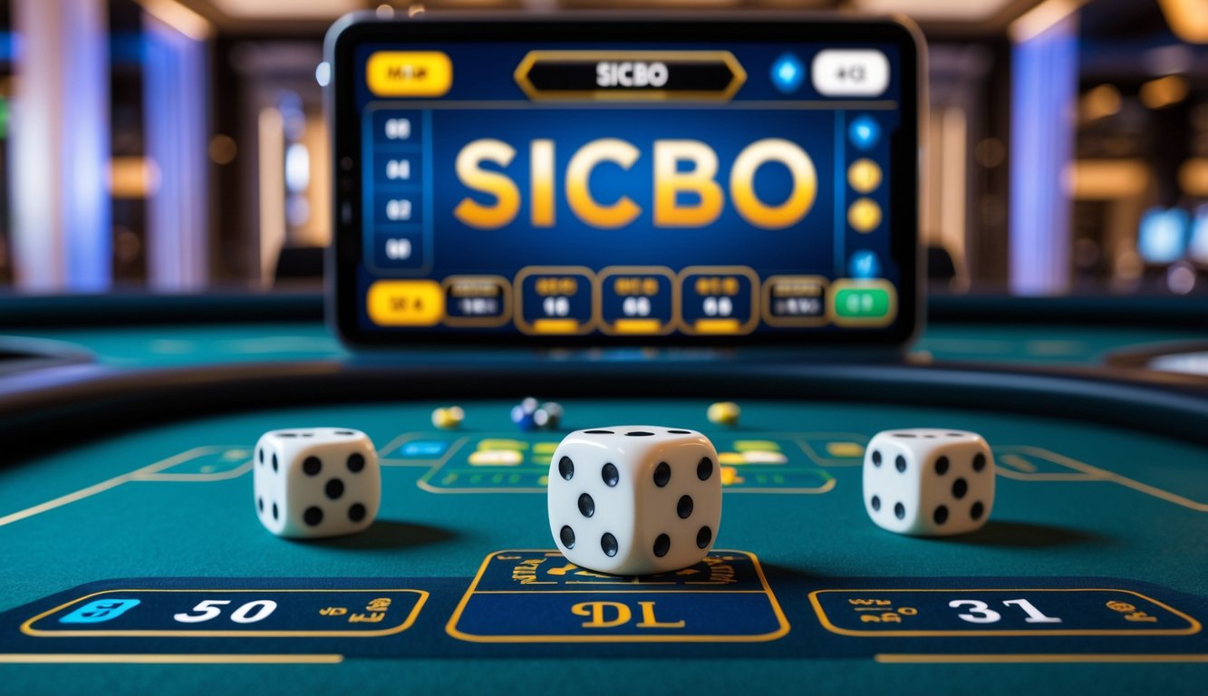 Tampilan meja permainan Sicbo online dengan dadu di meja digital dan streaming langsung dalam kualitas tinggi.
