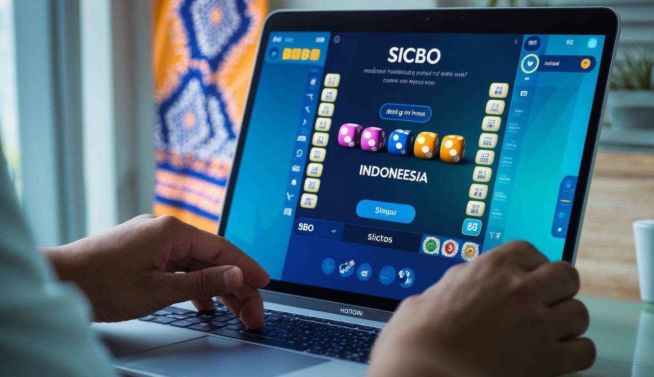 Seseorang menggunakan komputer dengan permainan Sicbo online yang menampilkan dadu warna-warni di layar, dengan latar belakang motif budaya Indonesia yang halus.