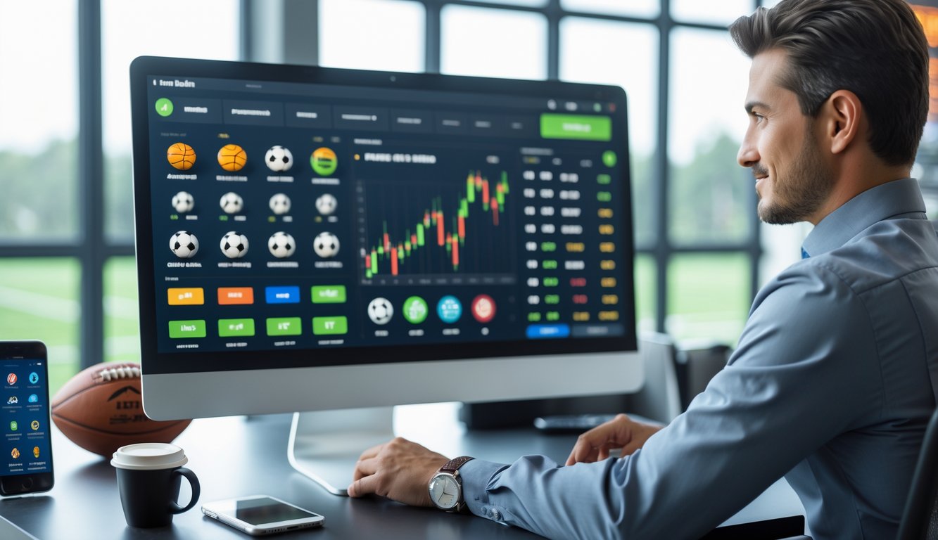 Seseorang menggunakan komputer di meja kerja dengan ikon olahraga dan grafik taruhan di layar, di sekitar terdapat ponsel, cangkir kopi, dan memorabilia olahraga.