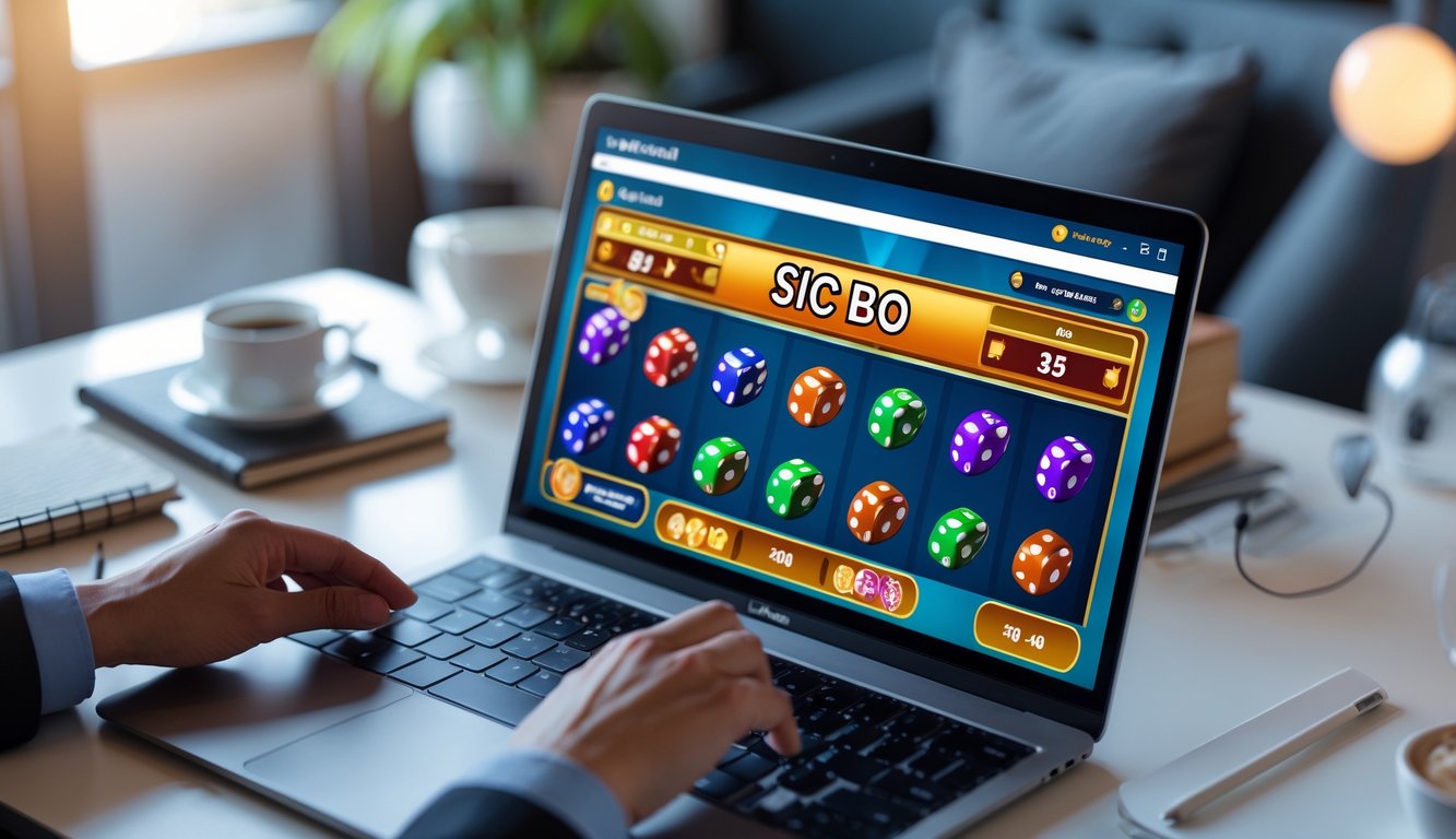 Seseorang sedang menggunakan laptop dengan tampilan permainan Sic Bo online yang menampilkan dadu dan opsi taruhan.