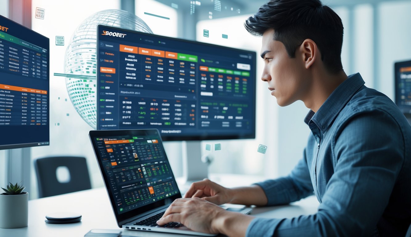 Seseorang menggunakan laptop dengan beberapa layar menampilkan taruhan olahraga dan pembaruan pertandingan di ruang kantor modern.
