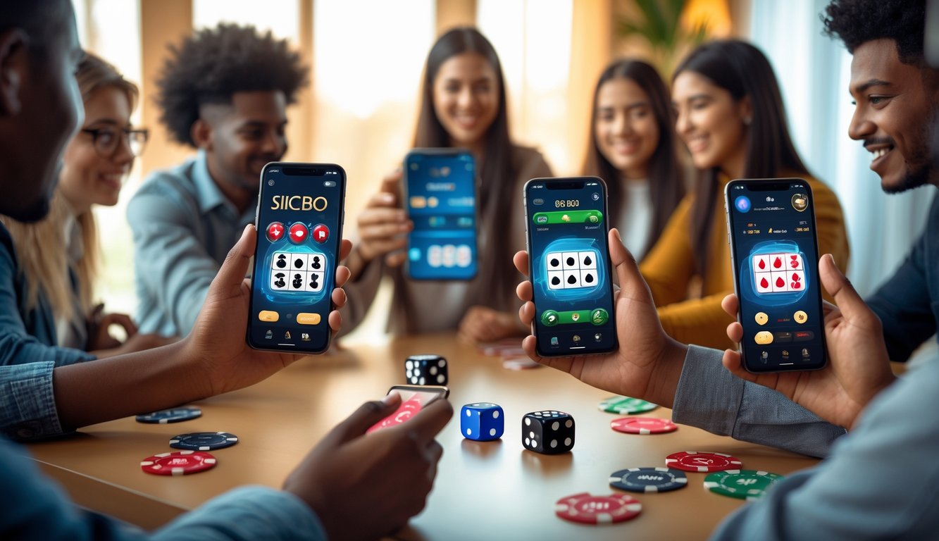 Sekelompok orang muda bermain permainan Sicbo secara online menggunakan ponsel di sebuah ruangan yang nyaman.
