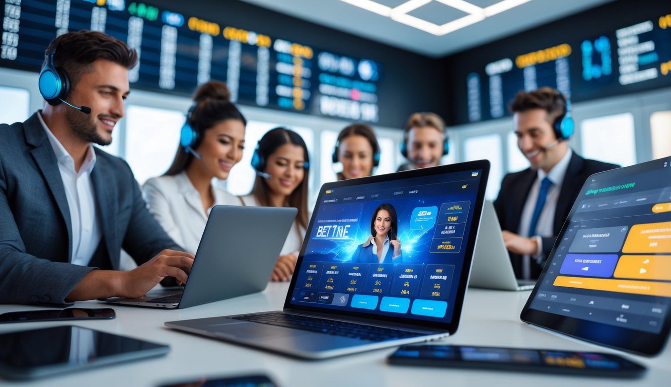 Sekelompok orang menggunakan perangkat digital untuk taruhan online dengan suasana layanan pelanggan yang siap membantu sepanjang waktu.