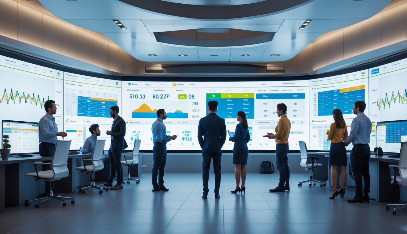 Orang-orang sedang melihat layar besar dengan data taruhan olahraga real time di ruangan modern.