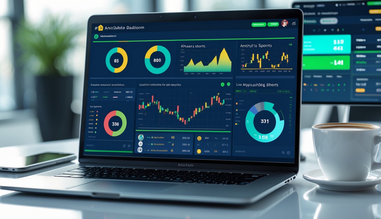 Meja kerja modern dengan laptop yang menampilkan dashboard analisis data pertandingan olahraga lengkap, dilengkapi smartphone dan cangkir kopi di sampingnya.