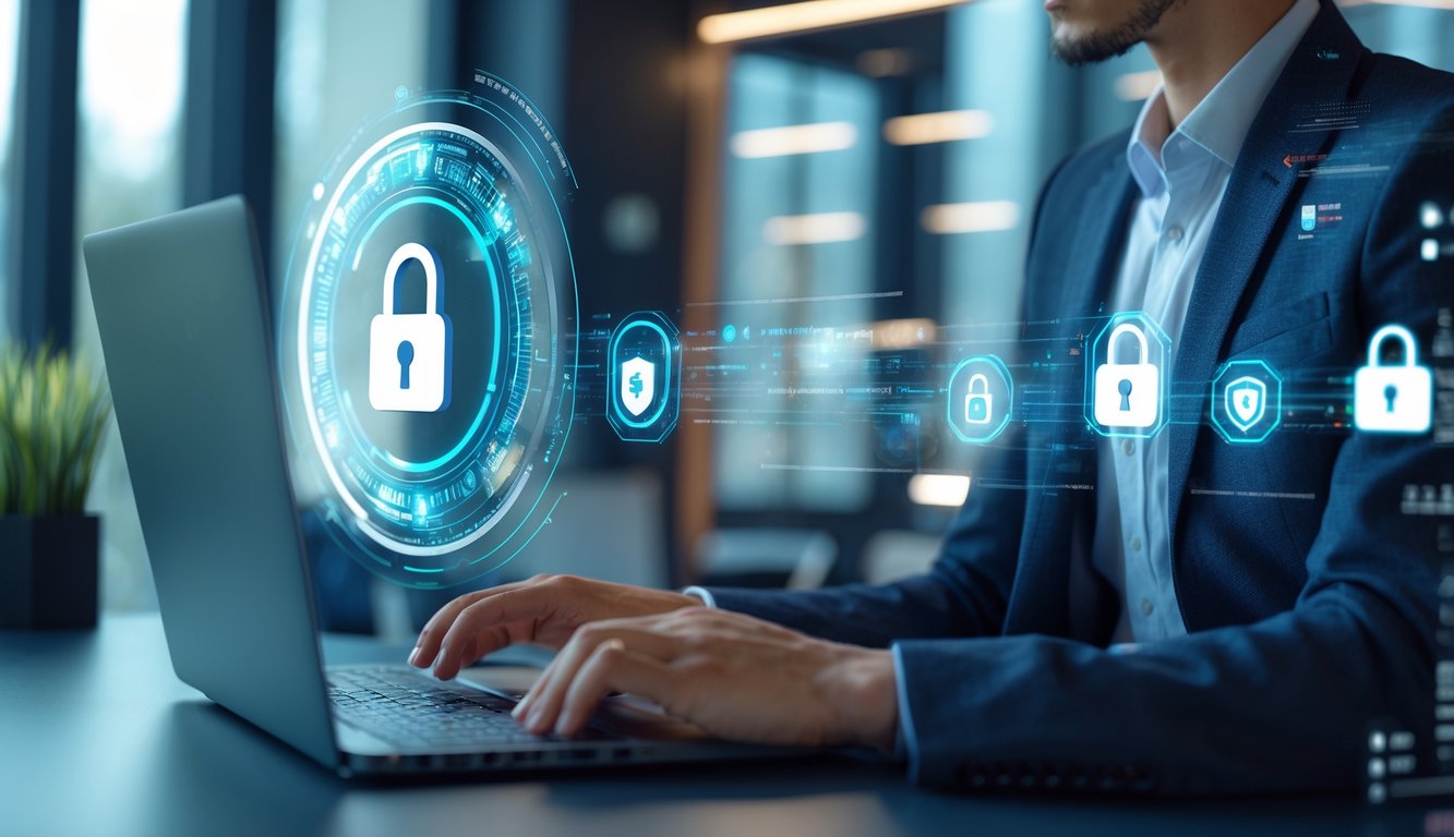 Seseorang menggunakan laptop di ruang kerja modern dengan ikon keamanan digital yang menyala di latar belakang.