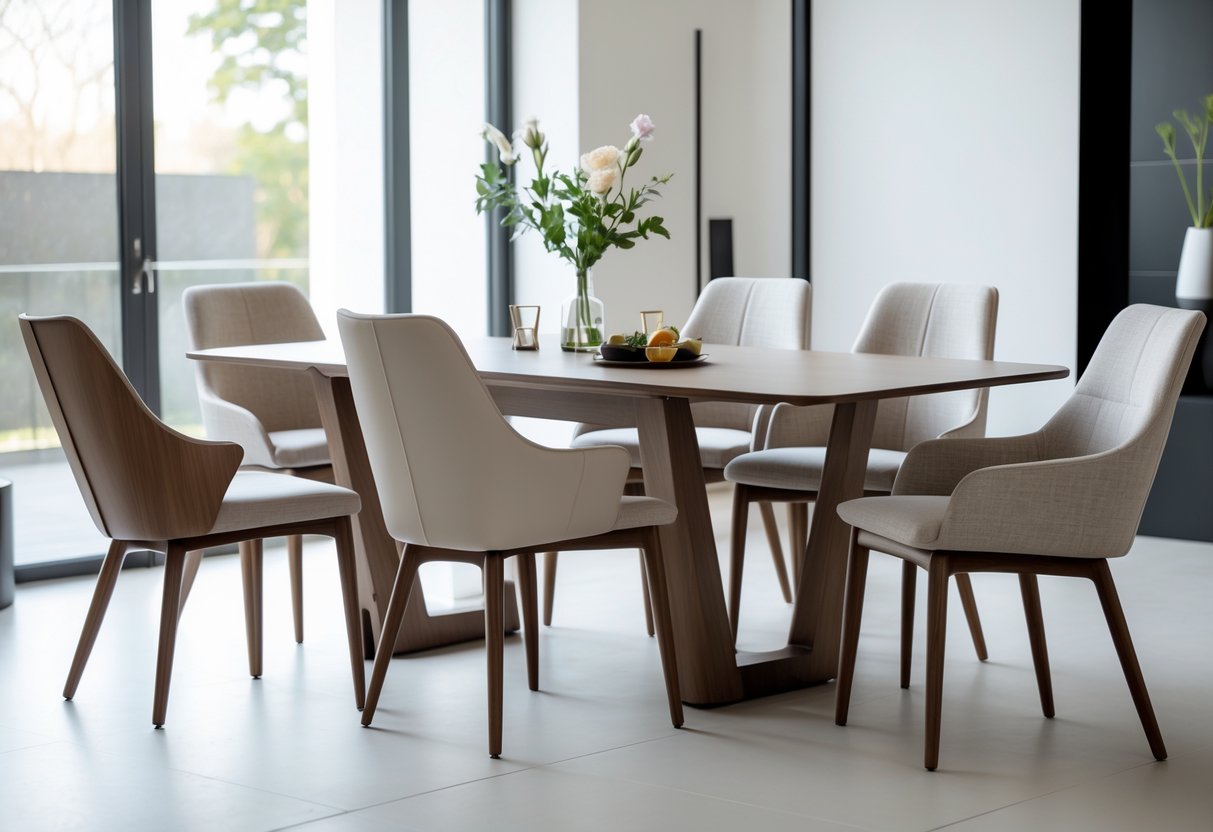 Salle à manger avec une table en bois et des chaises design autour, éclairée par la lumière naturelle.