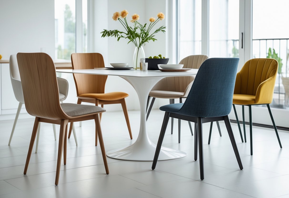 Une salle à manger lumineuse avec plusieurs chaises de styles différents autour d'une table.