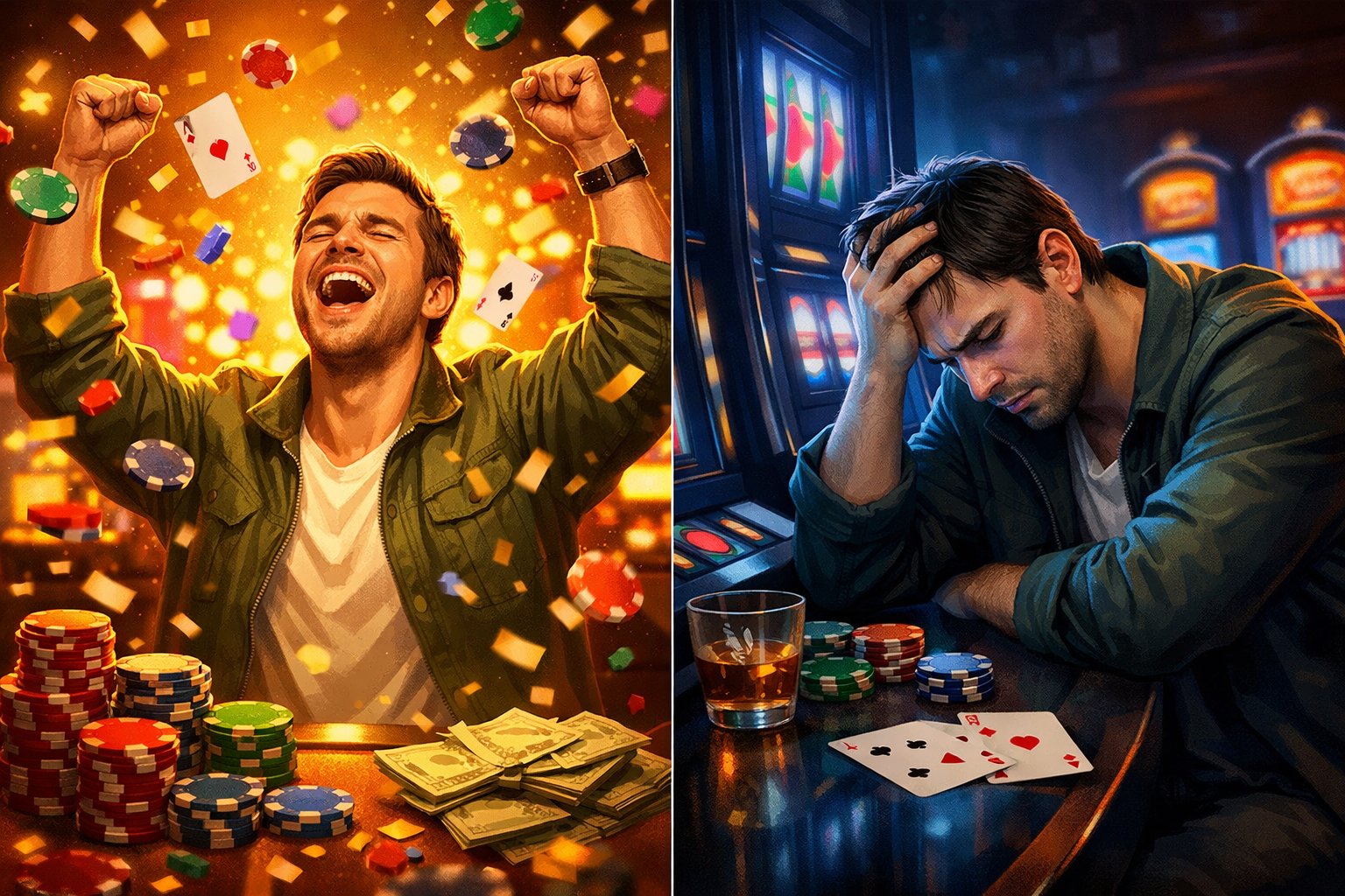 A person experiencing contrasting emotions in a casino, celebrating a win on one side and feeling upset on the other, surrounded by slot machines and poker chips.