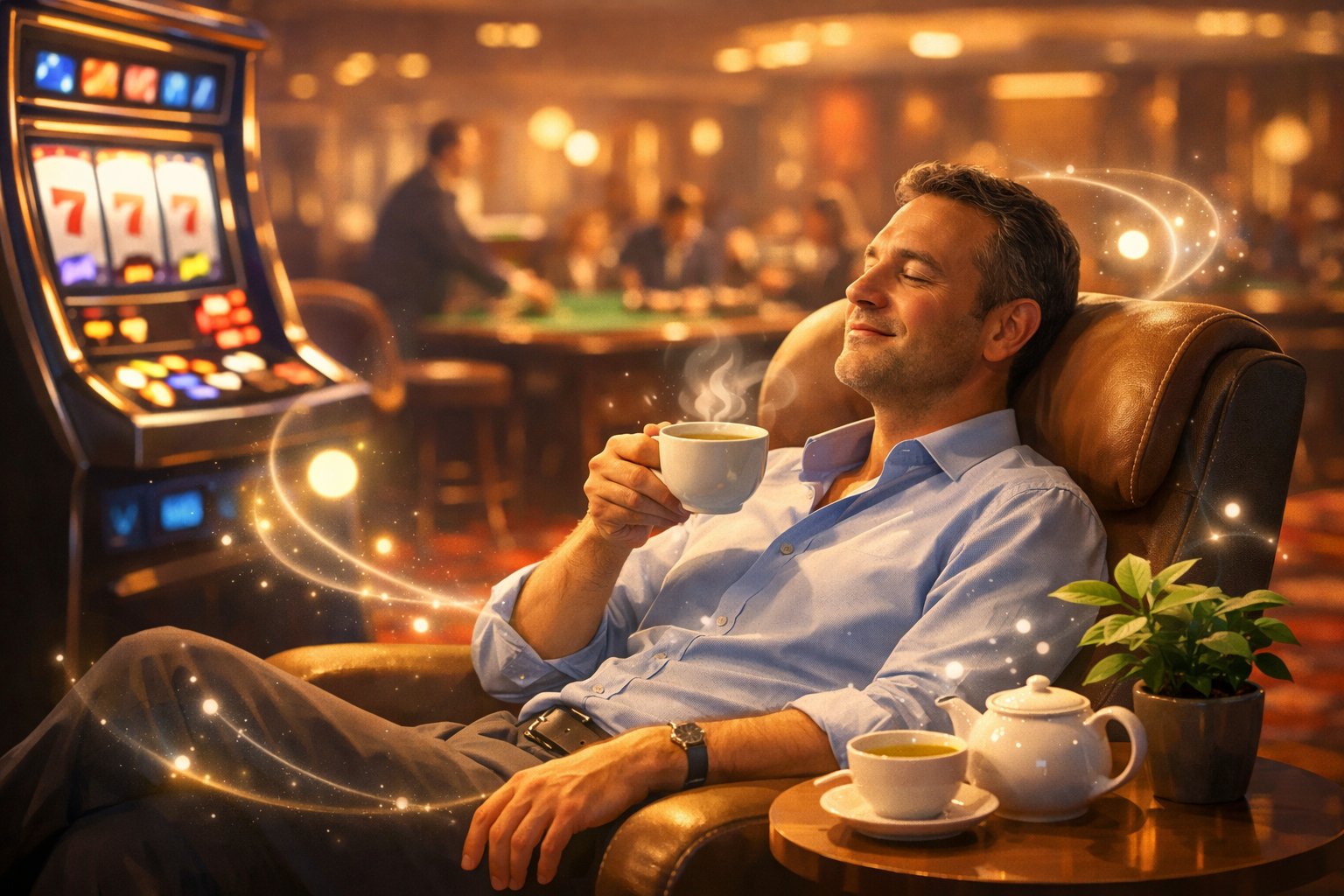 A person relaxing on a lounge chair near a slot machine in a casino, sipping tea and taking a break to refresh their mind.