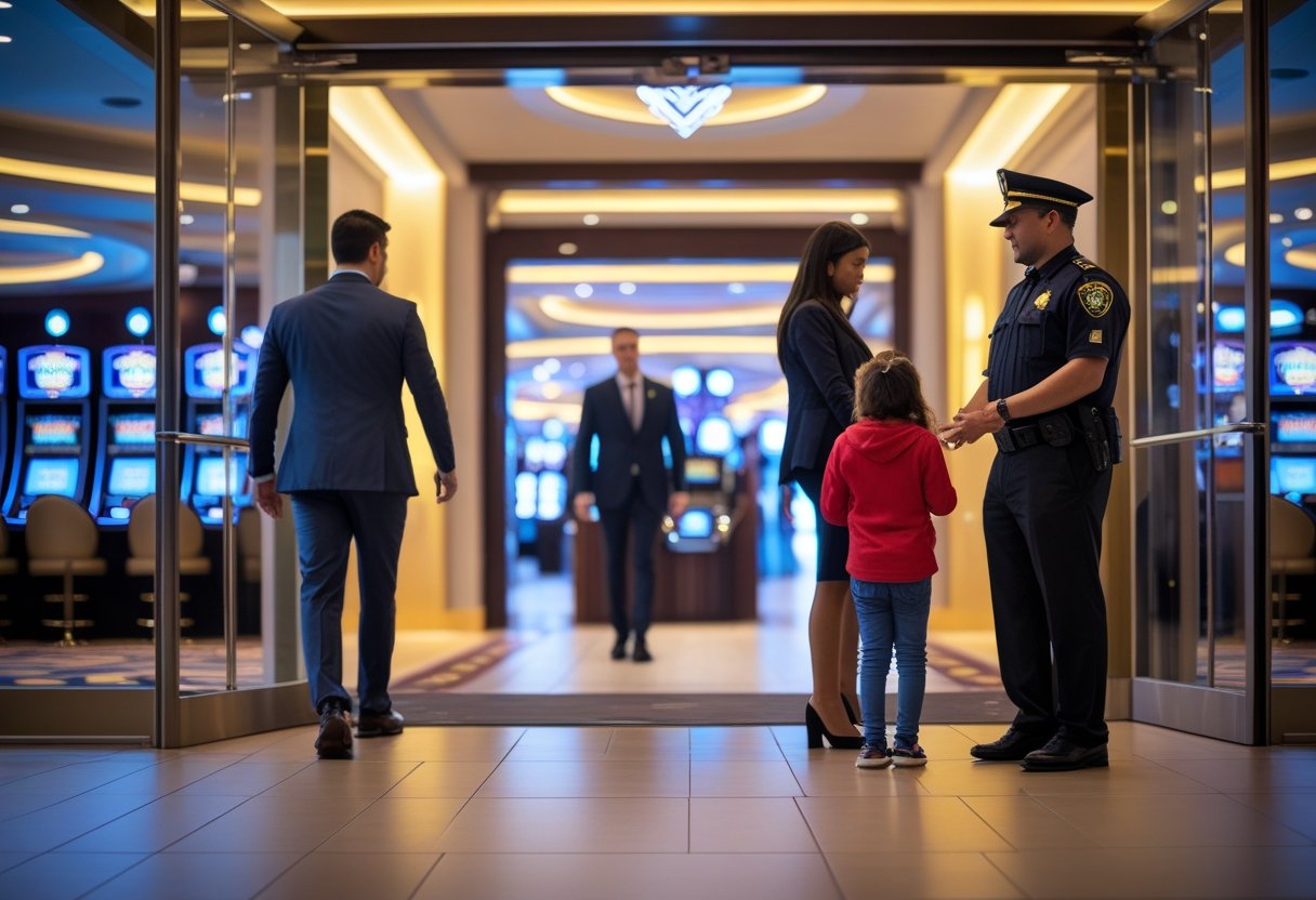 A security guard politely speaking to a child and parent at the entrance of a casino while adults enter through a glass door.