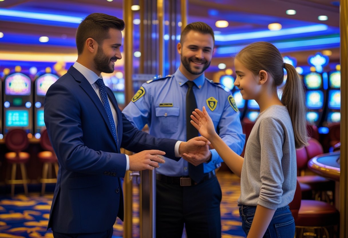A casino entrance where a security staff member checks an adult's ID while politely stopping a teenager from entering.