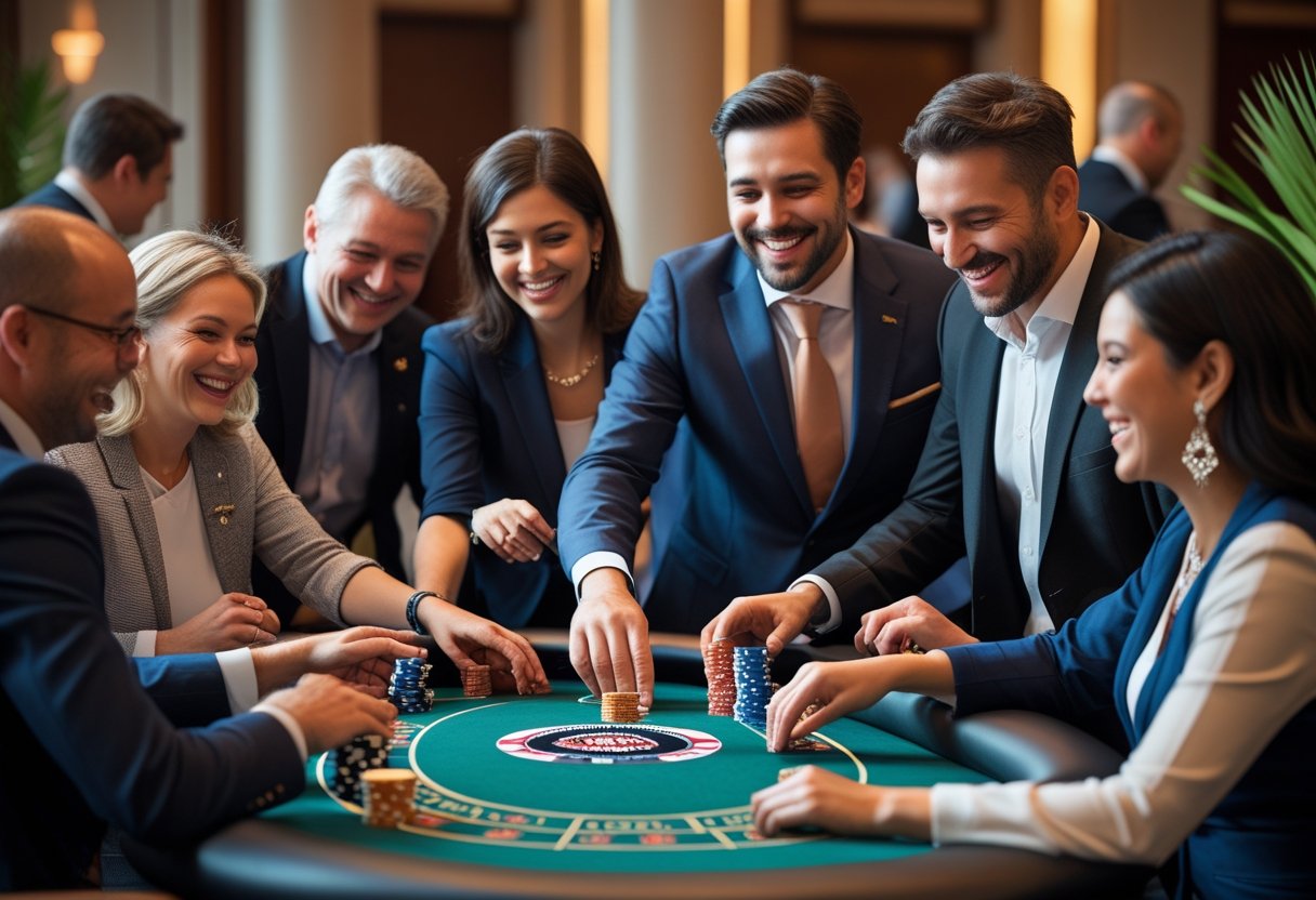 People playing cards around a poker table with a donation box, participating in a charity gambling event.