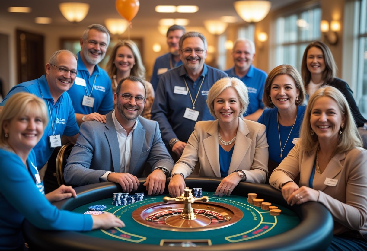 People enjoying a charity gambling event around a casino table with volunteers assisting in the background.