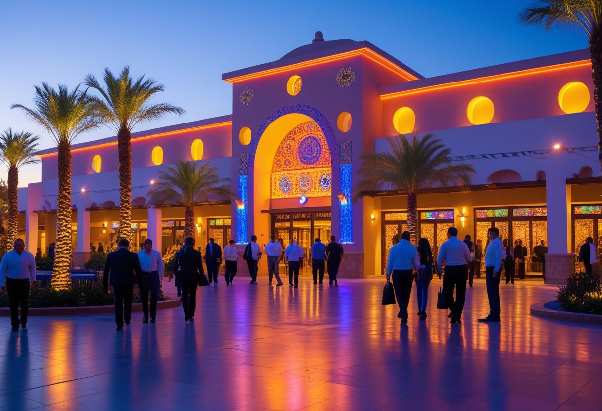 Exterior view of a modern Mexican casino at sunset with people entering and colorful lights illuminating the building.