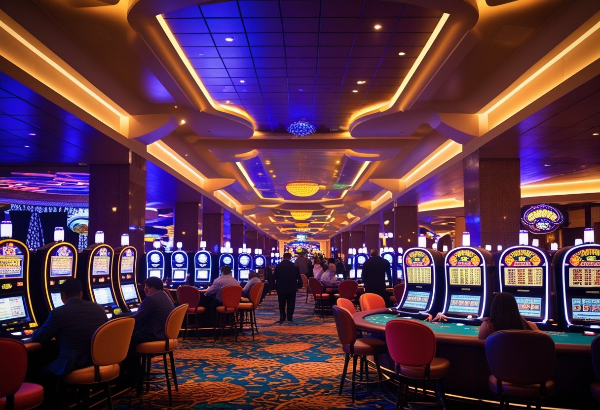 A lively casino interior in Mexico with slot machines, gaming tables, and people playing games.