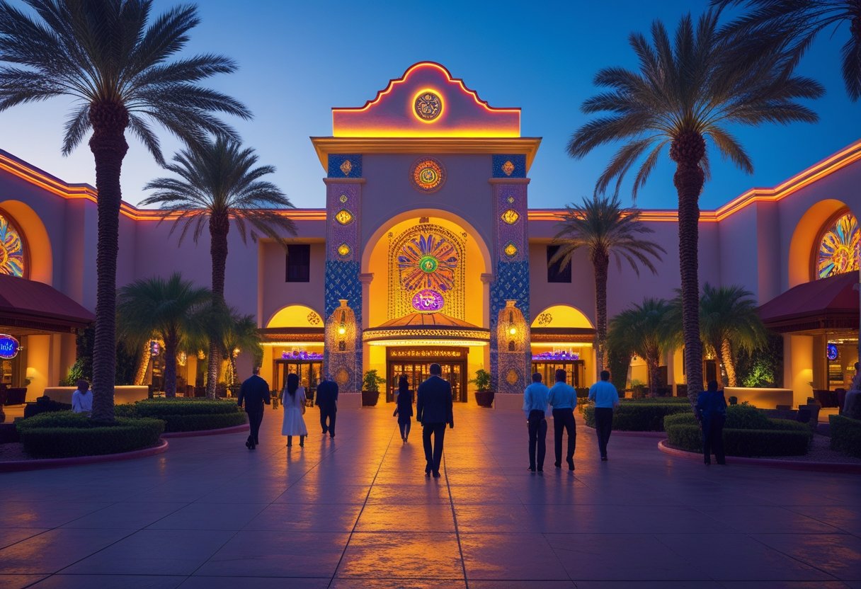 Exterior view of a luxurious casino in Mexico at sunset with neon lights, palm trees, and people entering and exiting.