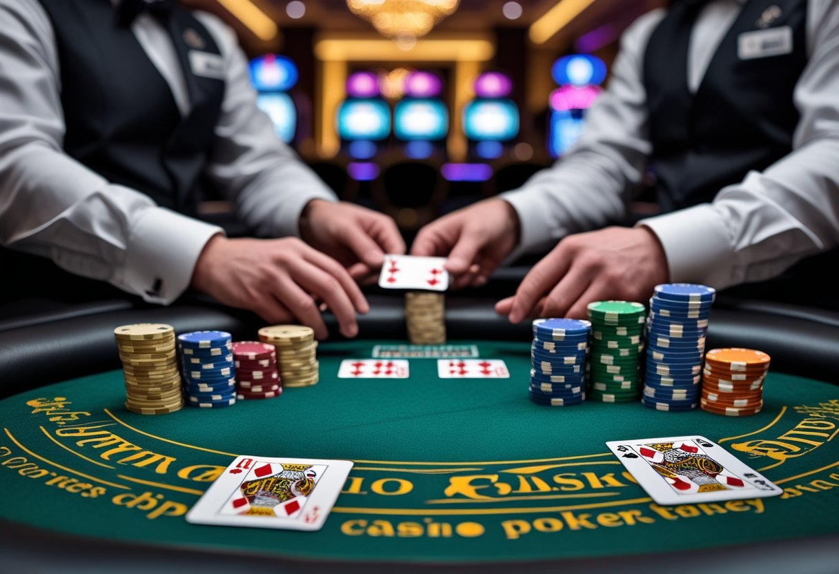 A poker table in a casino with players' hands holding cards and stacks of poker chips, and a dealer distributing cards.