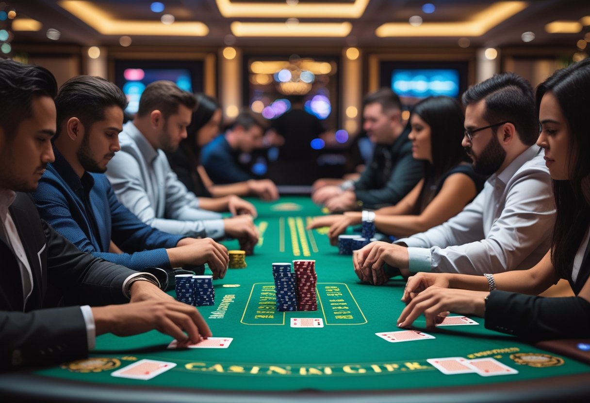 A casino poker table with players, poker chips, cards, and a dealer in a casino environment.