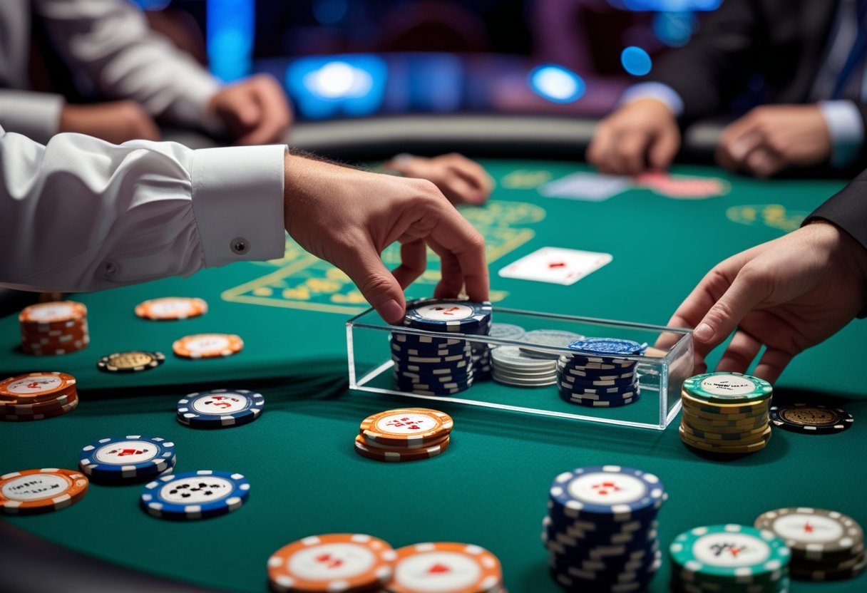 Close-up of a poker table with chips, cards, and a dealer placing chips into a rake box during a poker game in a casino.