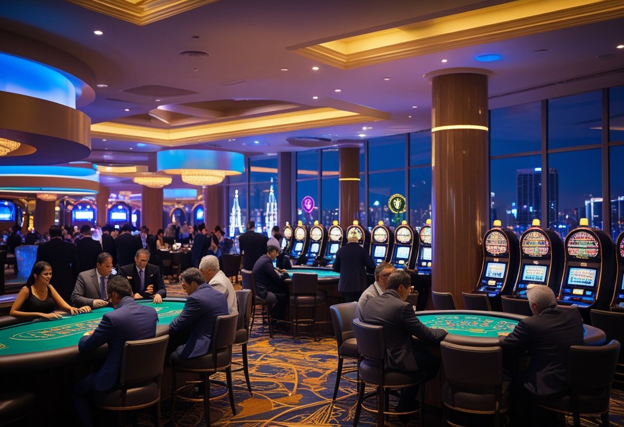 A lively casino interior with people playing poker, roulette, and slot machines, featuring Argentine cultural elements and a nighttime cityscape in the background.