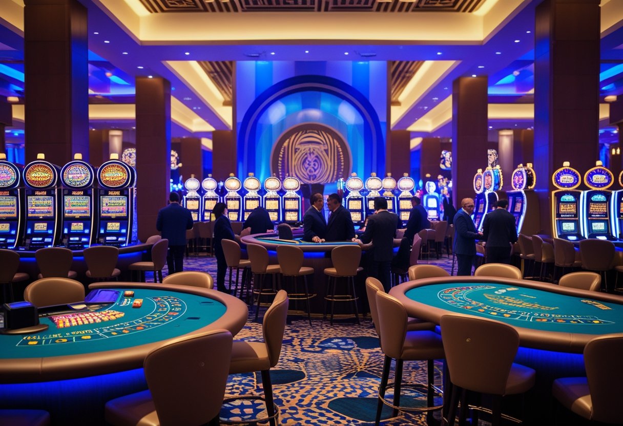 Interior of an elegant casino in Argentina with gaming tables, slot machines, and people enjoying gambling activities.