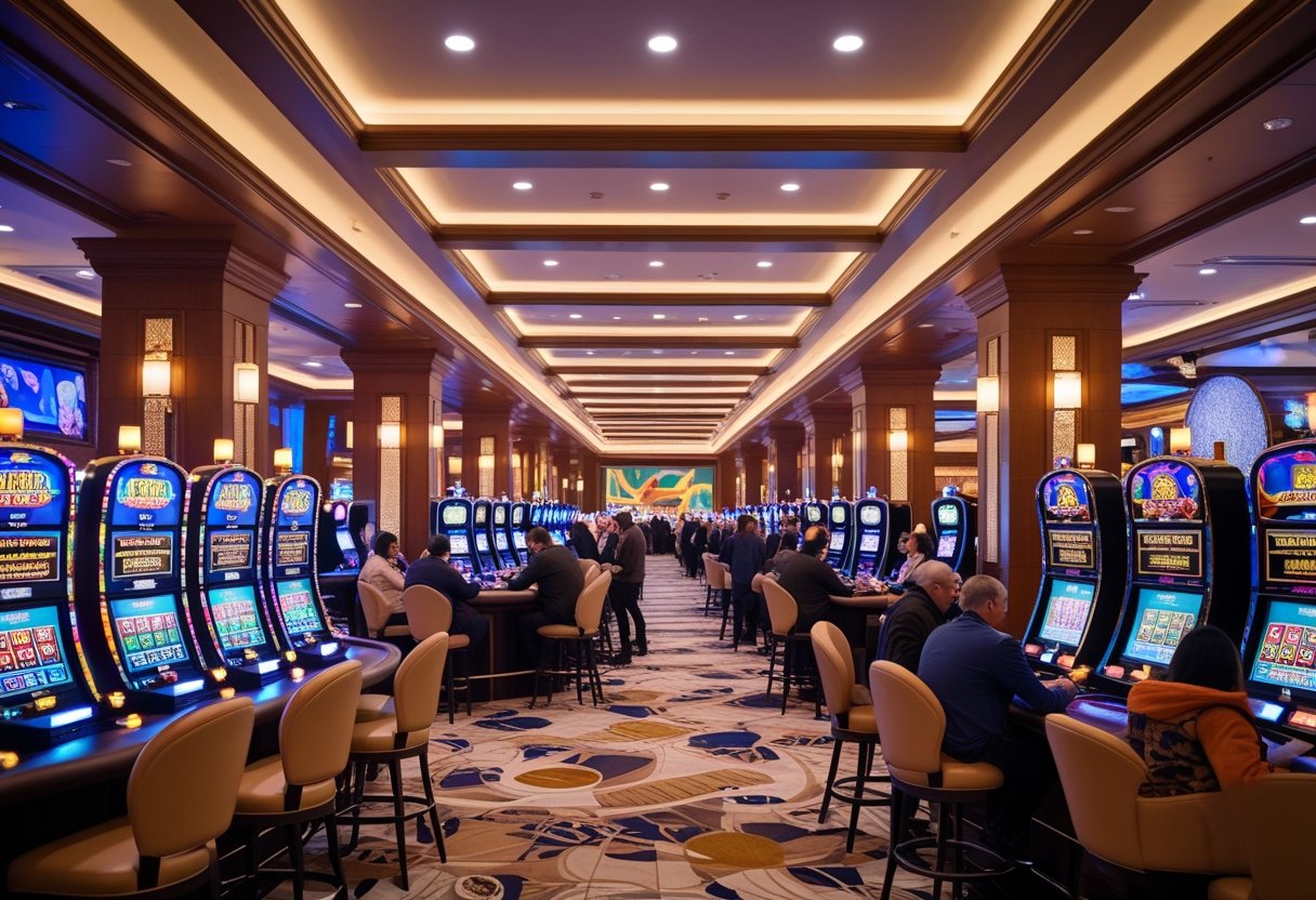 Interior of a busy casino in Argentina with slot machines, card tables, and people playing games.
