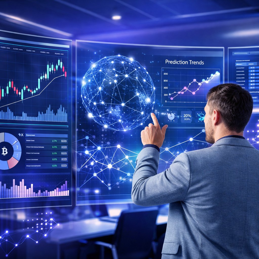 A businessperson interacting with futuristic digital screens showing cryptocurrency data and market trends in a modern office.