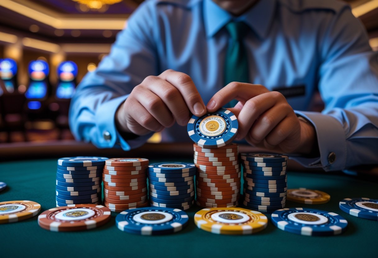 A casino employee closely inspecting casino chips on a table to identify counterfeit ones.