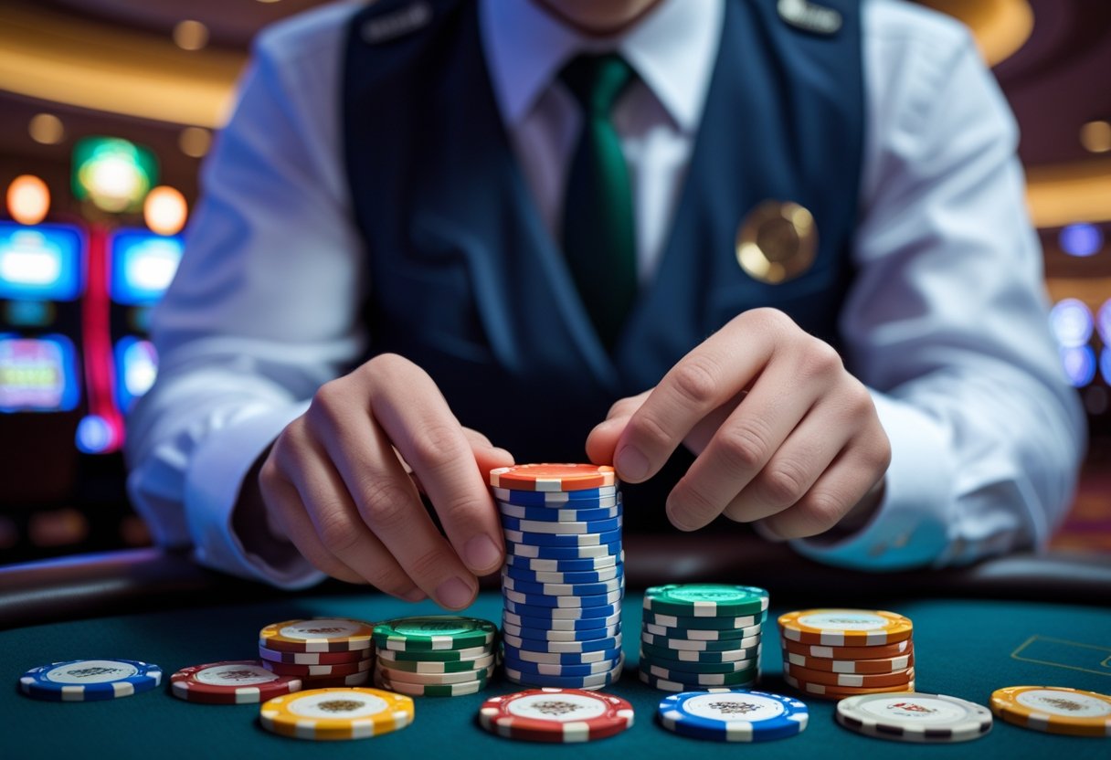 A casino employee closely inspecting a stack of colorful casino chips at a gaming table inside a casino.