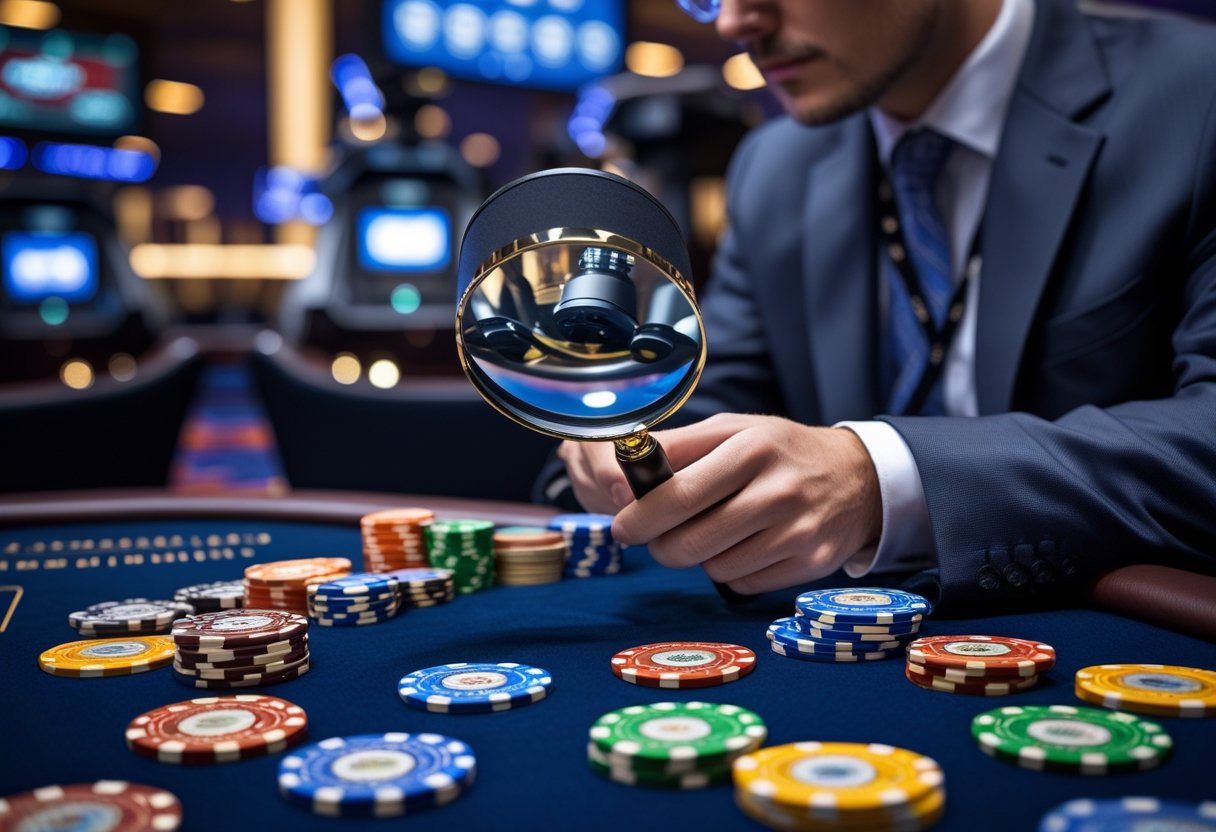 A security expert closely inspecting casino chips on a casino table with security equipment visible in the background.