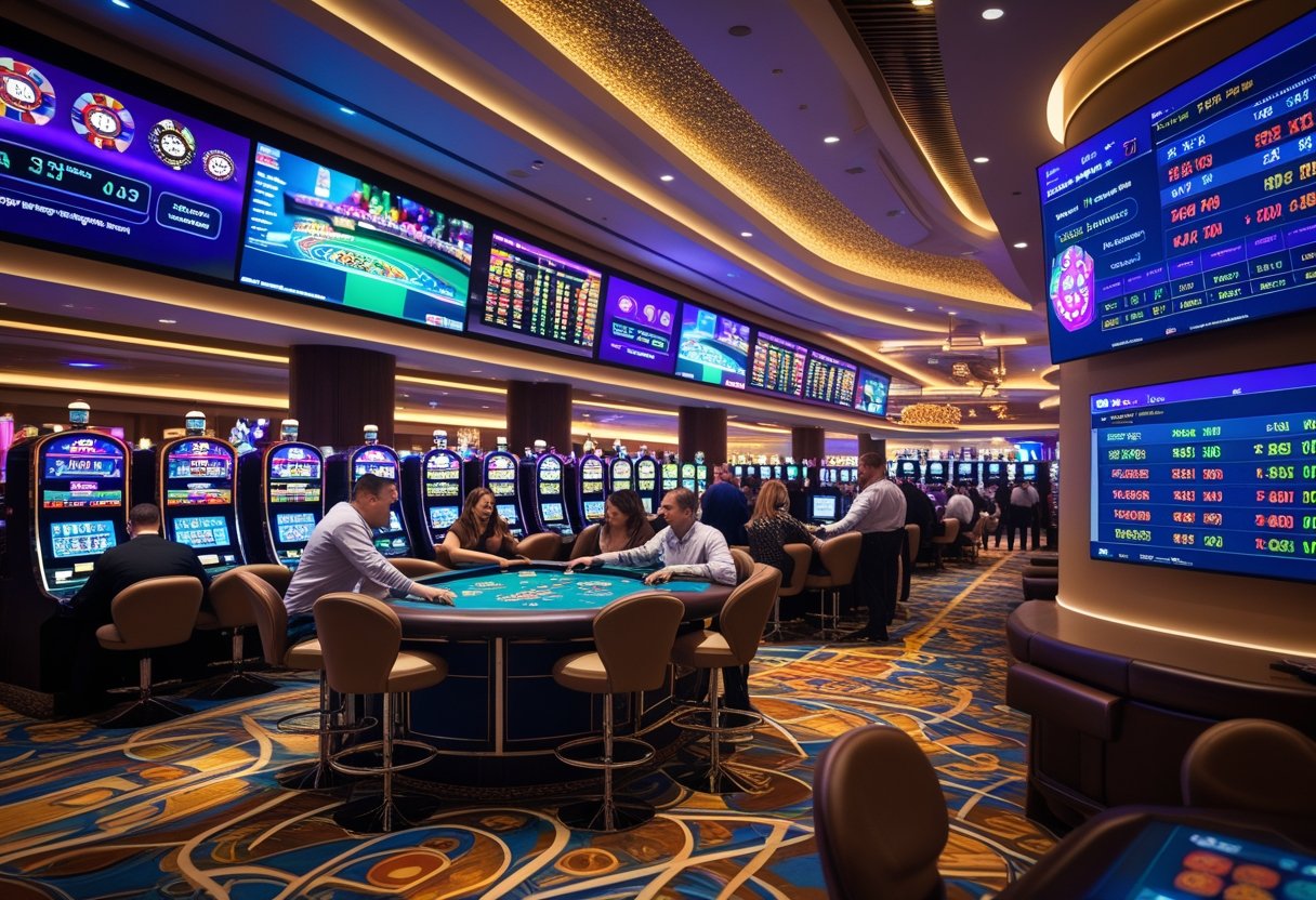 A busy casino floor with people playing slot machines and card games, alongside large digital screens showing online gaming data.