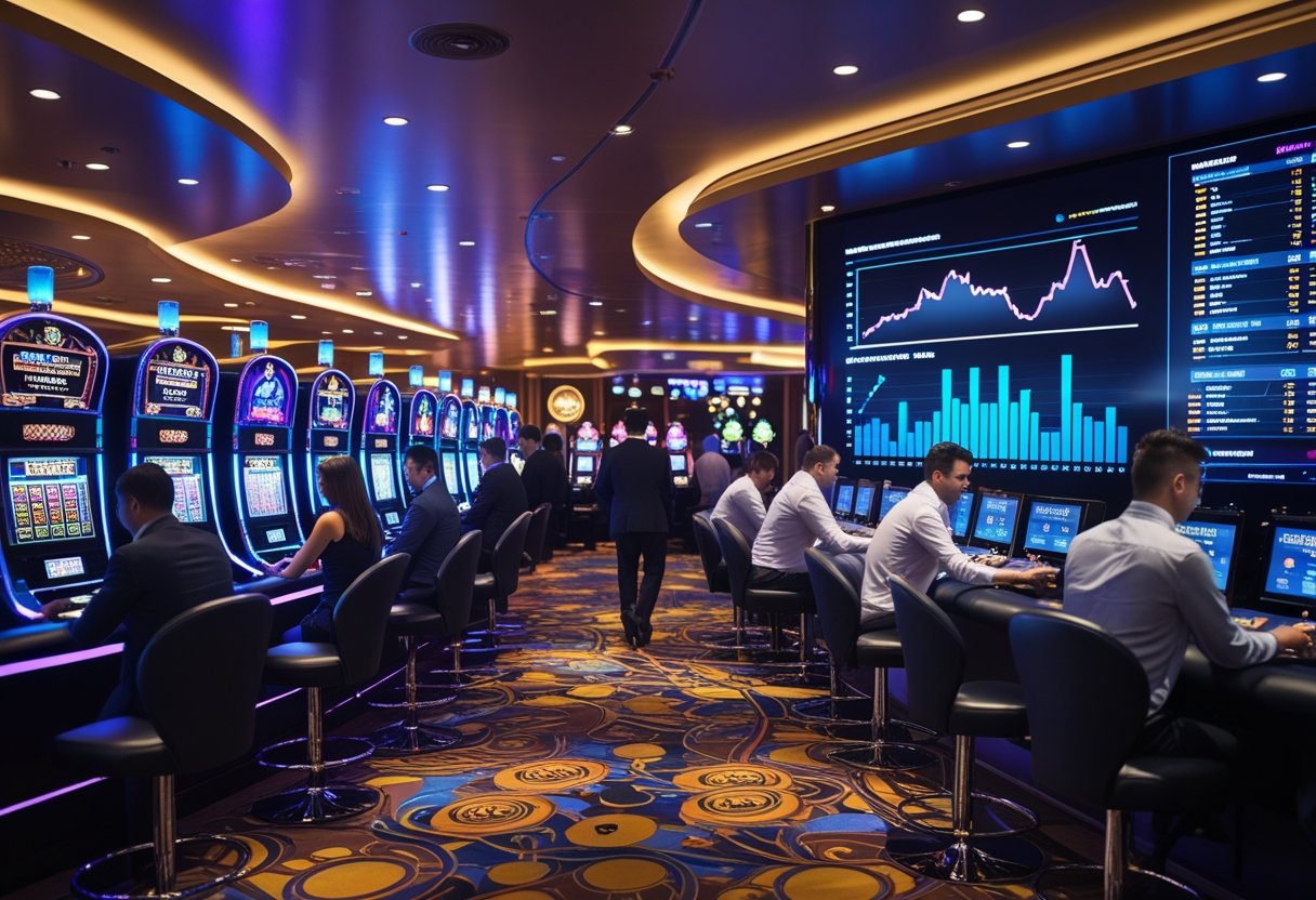 A busy casino floor with people playing games and digital screens showing traffic data and analytics.