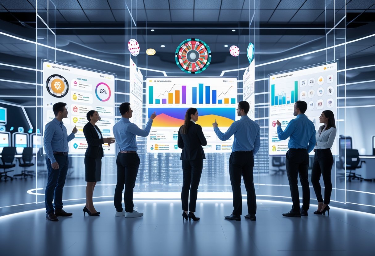 A group of professionals analyzing digital charts and data related to gambling and iGaming traffic in a modern office environment.