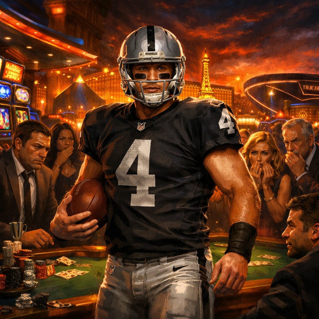 A football player in a Raiders uniform stands in a busy Las Vegas casino surrounded by anxious gamblers and neon lights, with the city skyline and stadium in the background.