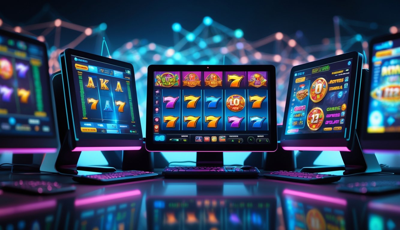 Sebuah ruang kerja modern dengan komputer dan layar menampilkan permainan slot online yang berwarna-warni dan dinamis.