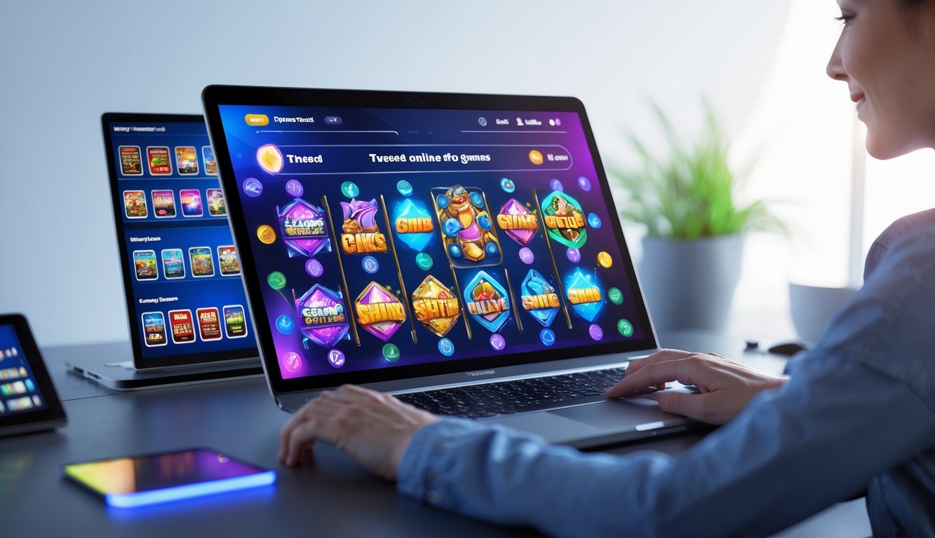 Sebuah layar komputer menampilkan permainan slot online dengan berbagai ikon permainan di sekitarnya.
