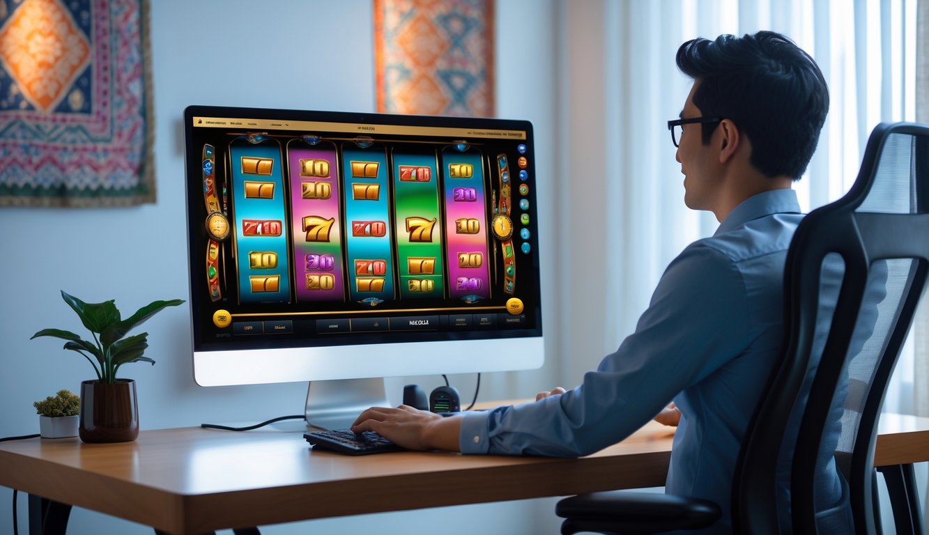 Seseorang menggunakan komputer dengan tampilan permainan slot online yang berwarna-warni di meja kerja yang rapi dan modern dengan elemen budaya Indonesia di latar belakang.