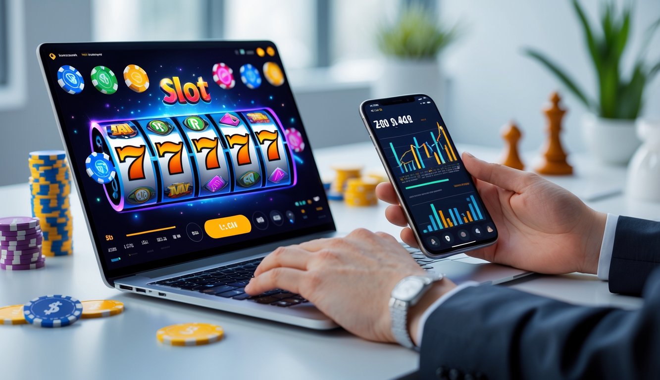 Sebuah laptop dan ponsel menampilkan permainan slot online dengan grafik berwarna-warni dan data RTP di meja kerja yang rapi.